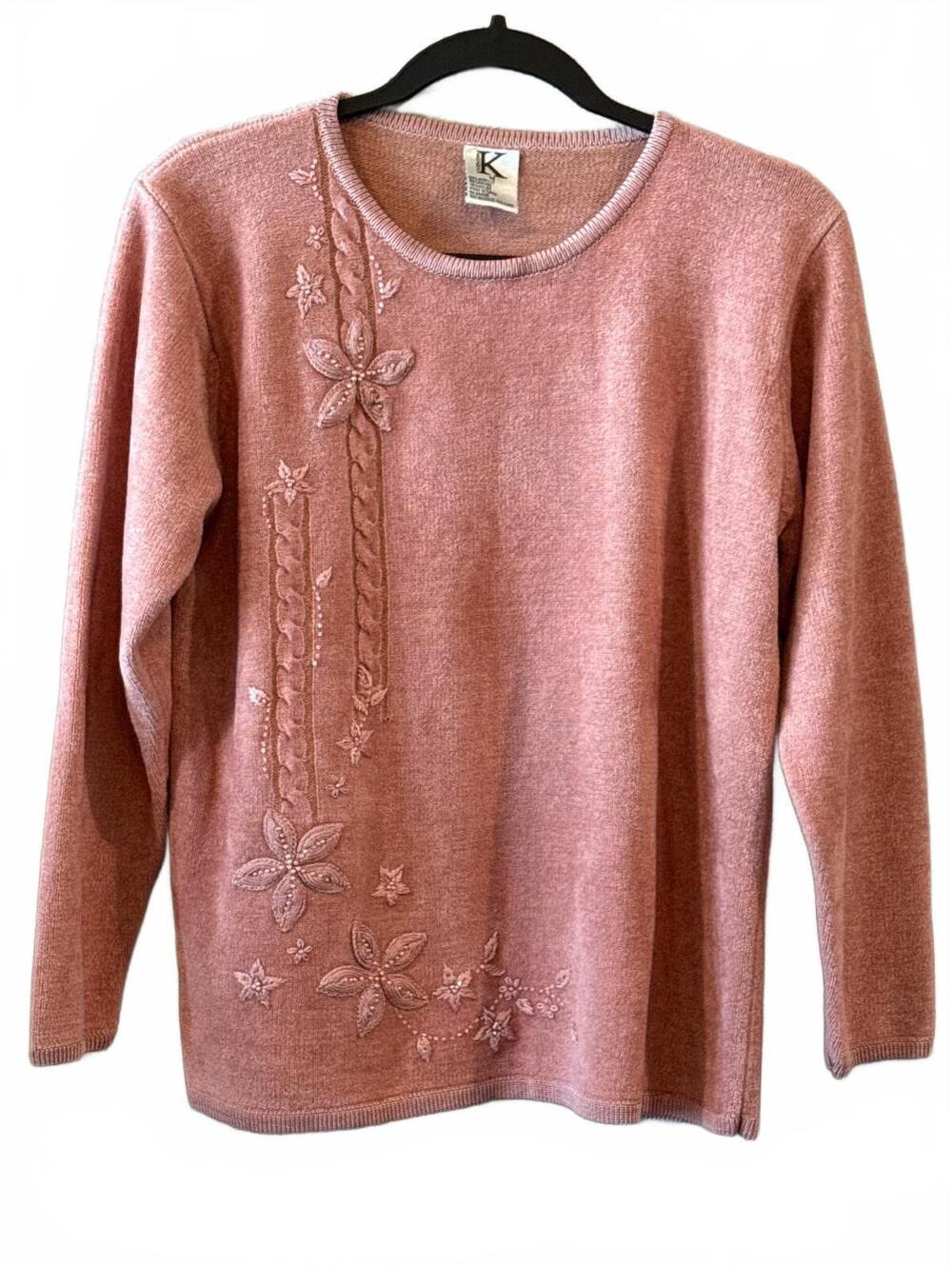 Shana K Embroidered Pink Sweater with Floral Detailing
